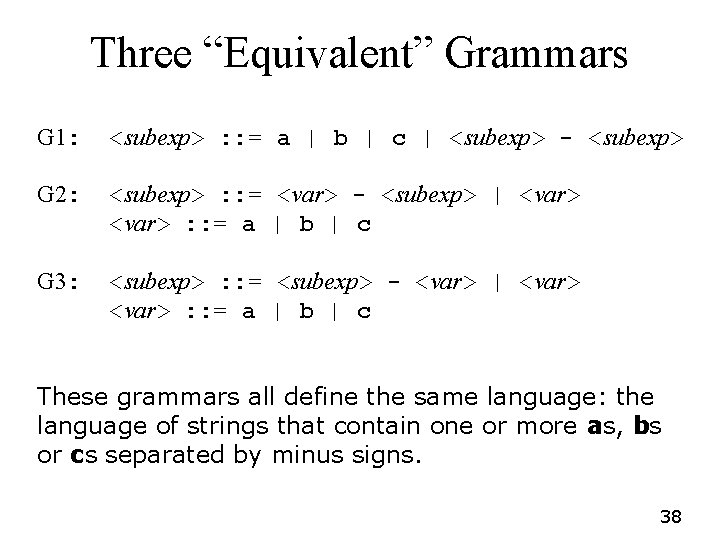 Three “Equivalent” Grammars G 1: <subexp> : : = a | b | c Three “Equivalent” Grammars G 1: <subexp> : : = a | b | c