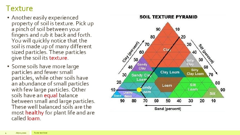 Texture • Another easily experienced property of soil is texture. Pick up a pinch