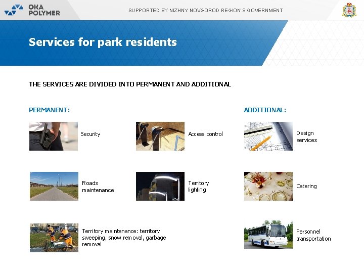 9 SUPPORTED BY NIZHNY NOVGOROD REGION’S GOVERNMENT Services for park residents THE SERVICES ARE