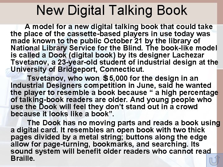 New Digital Talking Book A model for a new digital talking book that could