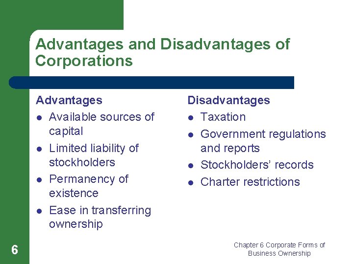 Advantages and Disadvantages of Corporations Advantages l Available sources of capital l Limited liability