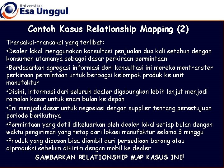 Contoh Kasus Relationship Mapping (2) Transaksi-transaksi yang terlibat: • Dealer lokal menggunakan konsultasi penjualan