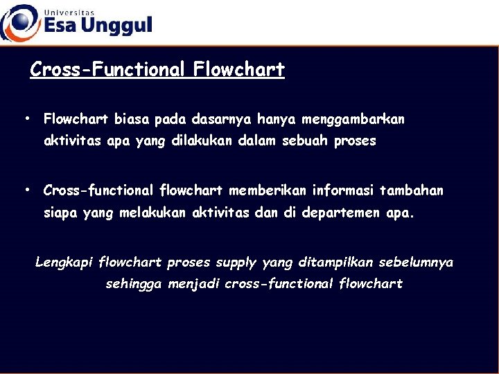 Cross-Functional Flowchart • Flowchart biasa pada dasarnya hanya menggambarkan aktivitas apa yang dilakukan dalam