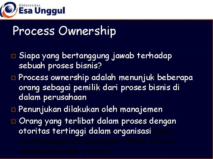 Process Ownership Siapa yang bertanggung jawab terhadap sebuah proses bisnis? p Process ownership adalah