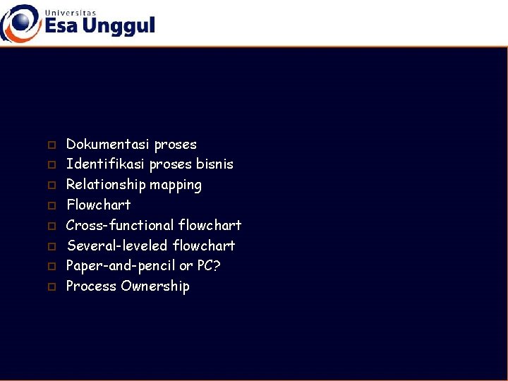 p p p p Dokumentasi proses Identifikasi proses bisnis Relationship mapping Flowchart Cross-functional flowchart