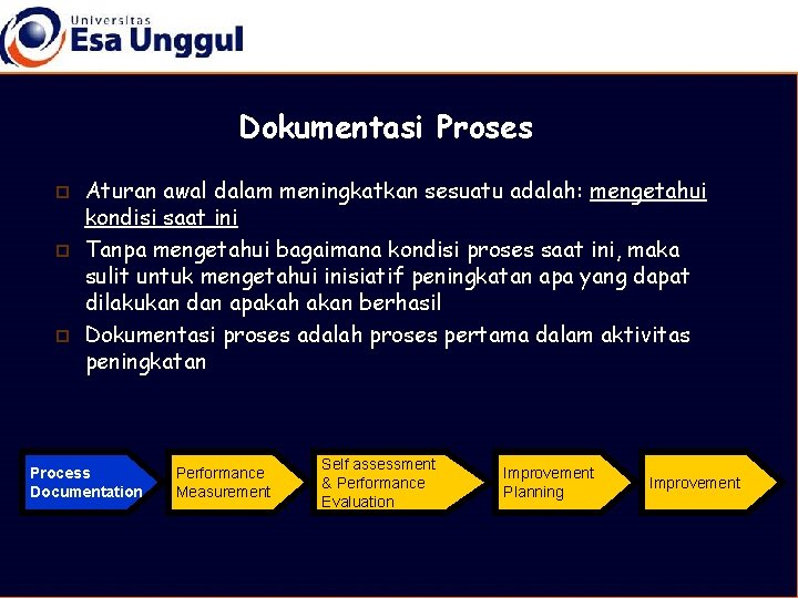 Dokumentasi Proses p p p Aturan awal dalam meningkatkan sesuatu adalah: mengetahui kondisi saat