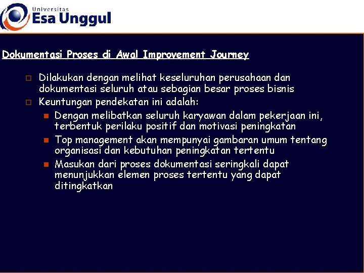 Dokumentasi Proses di Awal Improvement Journey p p Dilakukan dengan melihat keseluruhan perusahaan dokumentasi