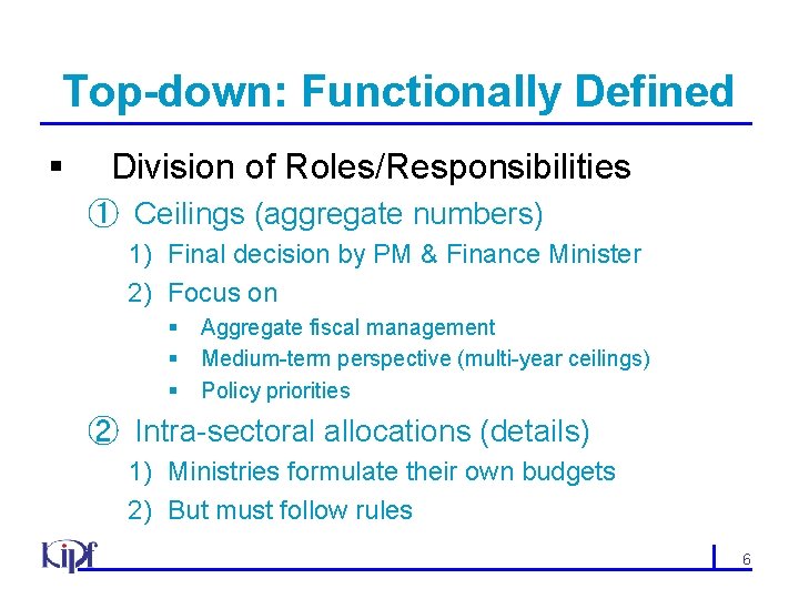 Top-down: Functionally Defined § Division of Roles/Responsibilities ① Ceilings (aggregate numbers) 1) Final decision