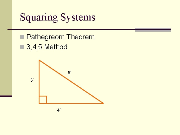 Squaring Systems n Pathegreom Theorem n 3, 4, 5 Method 5’ 3’ 4’ 