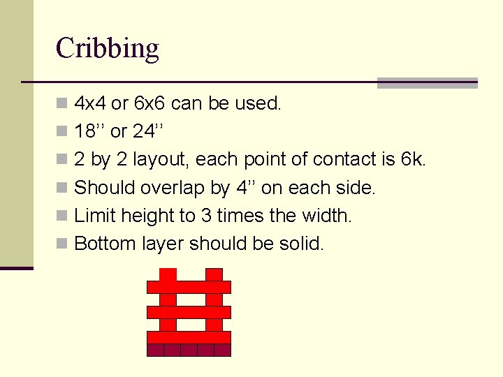 Cribbing n 4 x 4 or 6 x 6 can be used. n 18’’