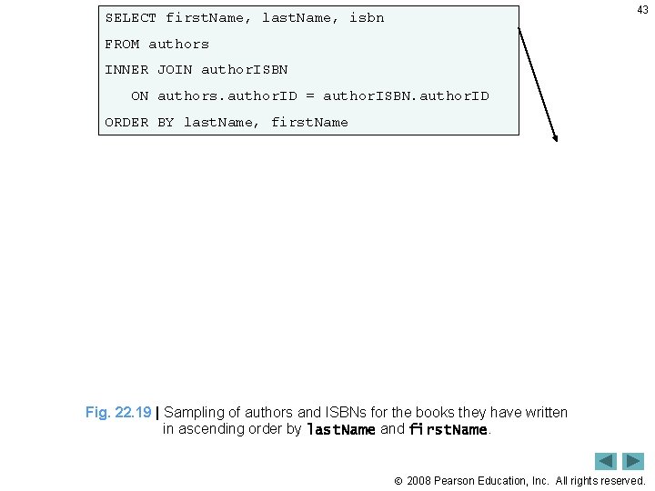 43 SELECT first. Name, last. Name, isbn FROM authors INNER JOIN author. ISBN ON