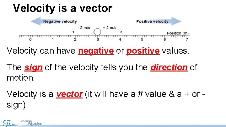 Velocity is a vector Velocity can have negative or positive values. The sign of