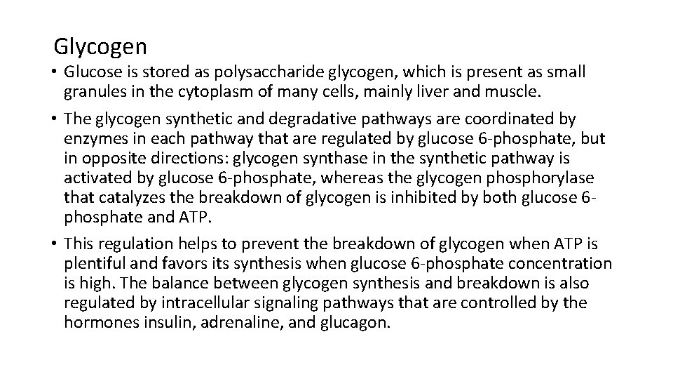 Glycogen • Glucose is stored as polysaccharide glycogen, which is present as small granules