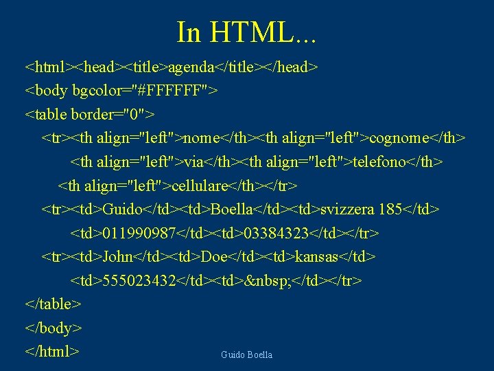 In HTML. . . <html><head><title>agenda</title></head> <body bgcolor="#FFFFFF"> <table border="0"> <tr><th align="left">nome</th><th align="left">cognome</th> <th align="left">via</th><th