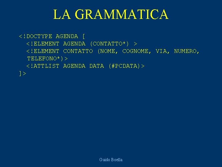 LA GRAMMATICA <!DOCTYPE AGENDA [ <!ELEMENT AGENDA (CONTATTO*) > <!ELEMENT CONTATTO (NOME, COGNOME, VIA,