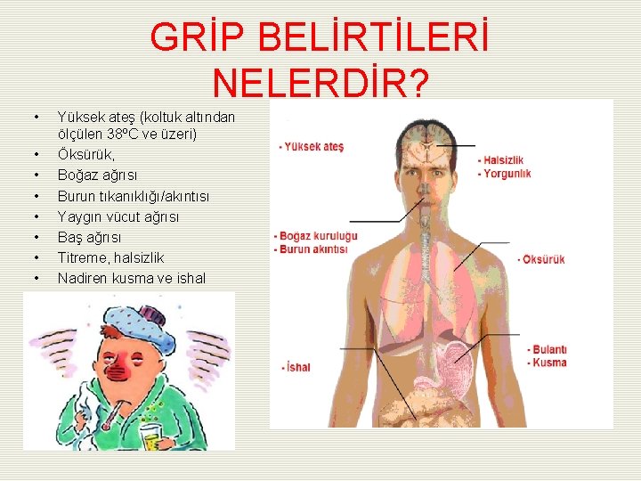 GRİP BELİRTİLERİ NELERDİR? • • Yüksek ateş (koltuk altından ölçülen 38ºC ve üzeri) Öksürük,