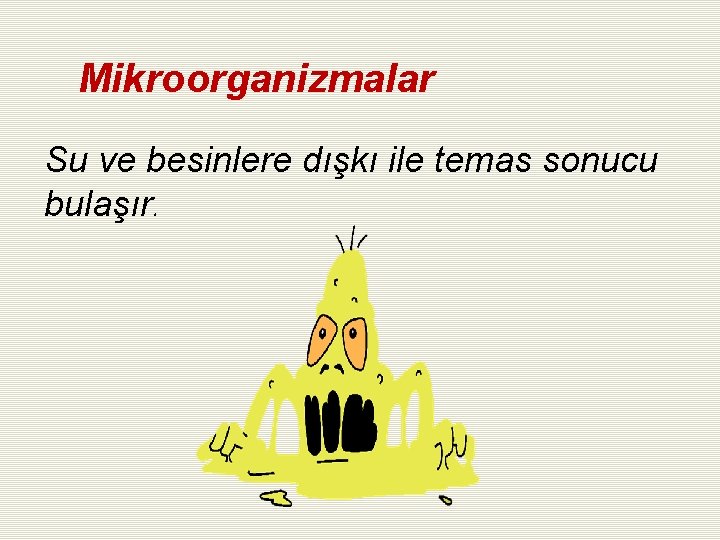 Mikroorganizmalar Su ve besinlere dışkı ile temas sonucu bulaşır. 