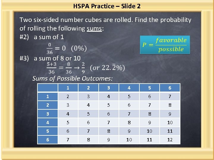 HSPA Practice – Slide 2 Two six-sided number cubes are rolled. Find the probability