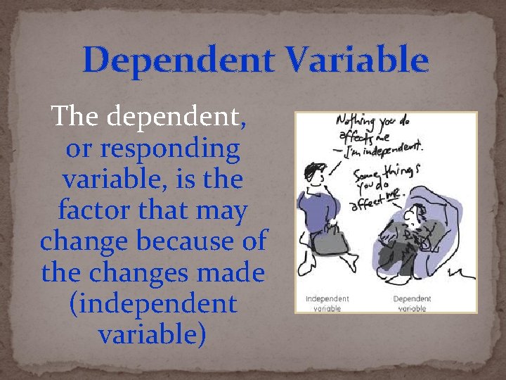Dependent Variable The dependent, or responding variable, is the factor that may change because