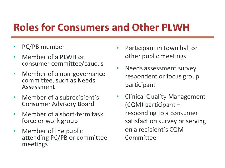 Roles for Consumers and Other PLWH • PC/PB member • Member of a PLWH