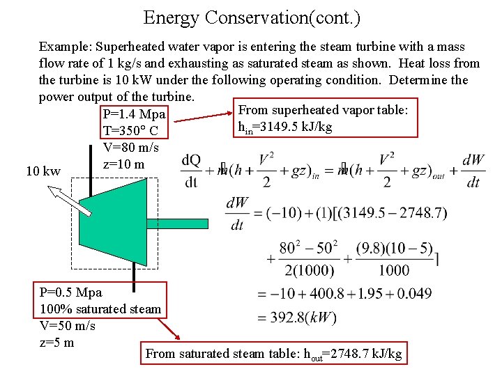 Energy Conservation(cont. ) Example: Superheated water vapor is entering the steam turbine with a