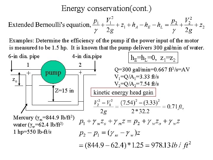 Energy conservation(cont. ) Examples: Determine the efficiency of the pump if the power input