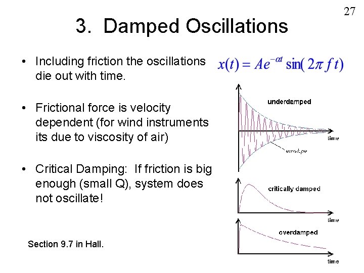 3. Damped Oscillations • Including friction the oscillations die out with time. • Frictional