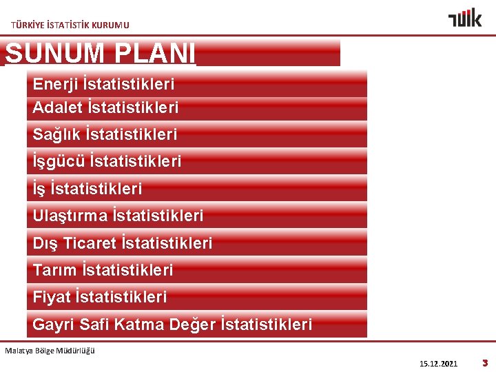 TÜRKİYE İSTATİSTİK KURUMU SUNUM PLANI Enerji İstatistikleri Adalet İstatistikleri Sağlık İstatistikleri İşgücü İstatistikleri İş