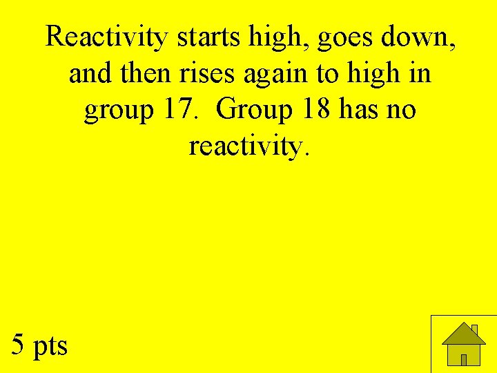 Reactivity starts high, goes down, and then rises again to high in group 17.