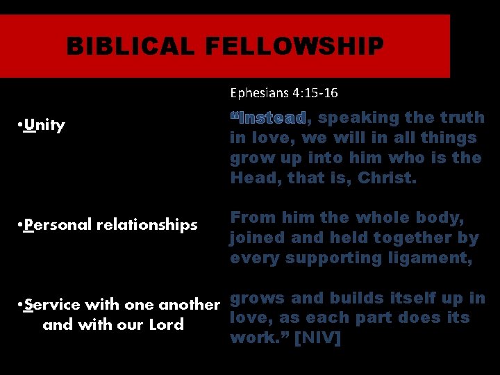 BIBLICAL FELLOWSHIP Ephesians 4: 15 -16 • Unity • Personal relationships “Instead, speaking the