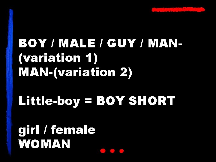 BOY / MALE / GUY / MAN(variation 1) MAN-(variation 2) Little-boy = BOY SHORT