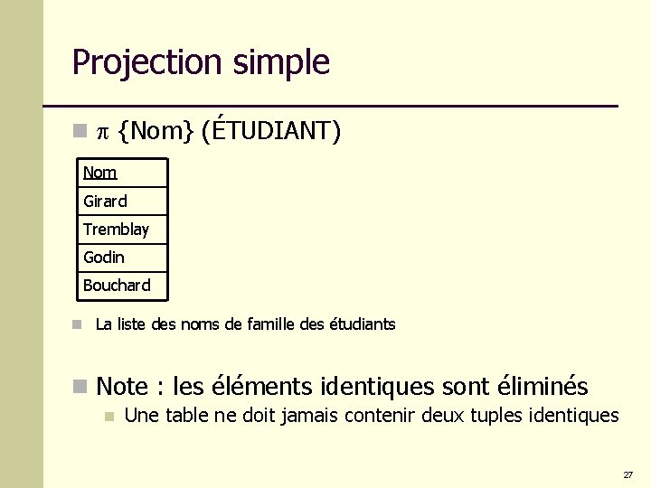 Projection simple n {Nom} (ÉTUDIANT) Nom Girard Tremblay Godin Bouchard n La liste des