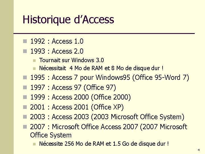 Historique d’Access n 1992 : Access 1. 0 n 1993 : Access 2. 0