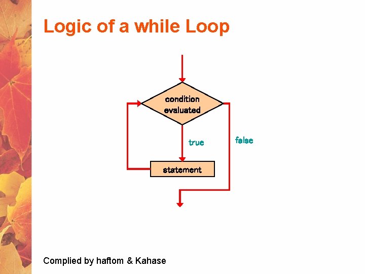 Logic of a while Loop condition evaluated true statement Complied by haftom & Kahase