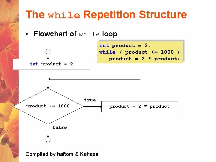 The while Repetition Structure • Flowchart of while loop int product = 2; while
