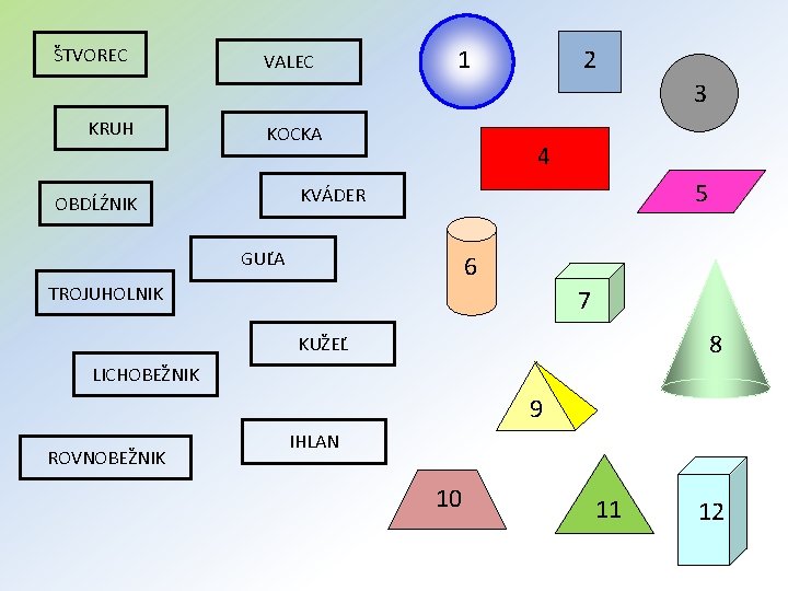 ŠTVOREC VALEC 1 2 3 KRUH KOCKA 4 5 KVÁDER OBDĹŹNIK GUĽA 6 TROJUHOLNIK