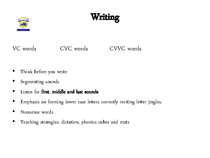 Writing VC words • • • CVC words CVVC words Think before you write