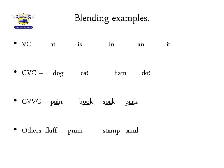 Blending examples. • VC – at is in an • CVC – dog cat