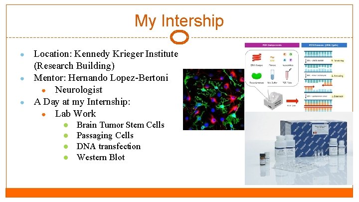 My Intership ● ● ● Location: Kennedy Krieger Institute (Research Building) Mentor: Hernando Lopez-Bertoni