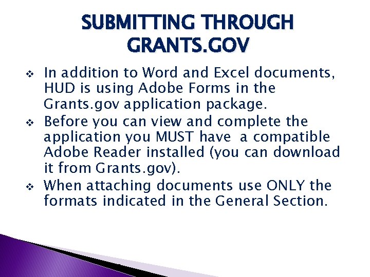 SUBMITTING THROUGH GRANTS. GOV v v v In addition to Word and Excel documents,