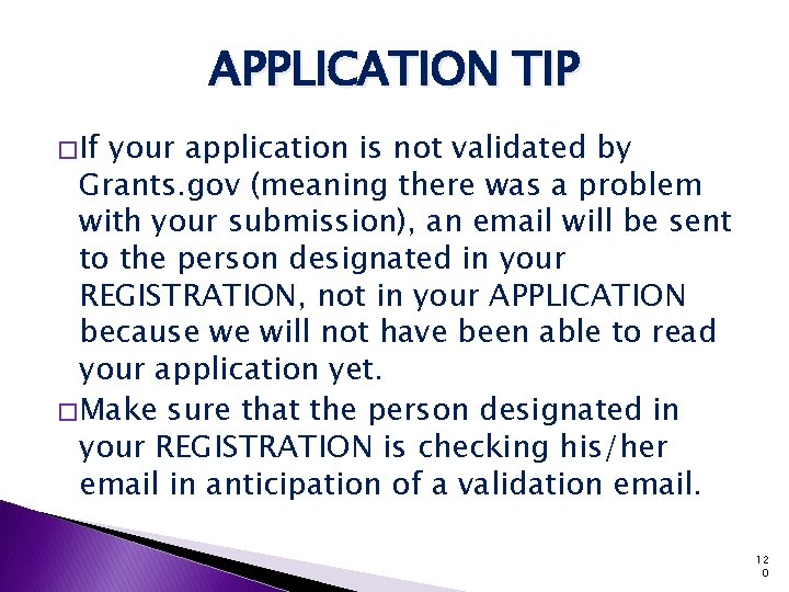 APPLICATION TIP � If your application is not validated by Grants. gov (meaning there