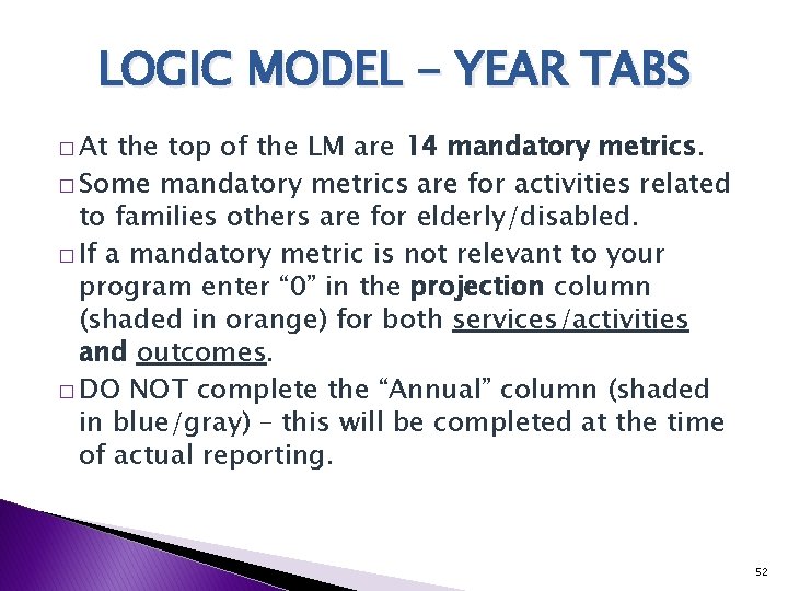 LOGIC MODEL - YEAR TABS � At the top of the LM are 14