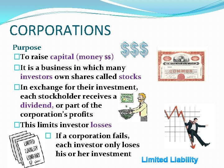 CORPORATIONS $$$ Purpose �To raise capital (money $$) �It is a business in which