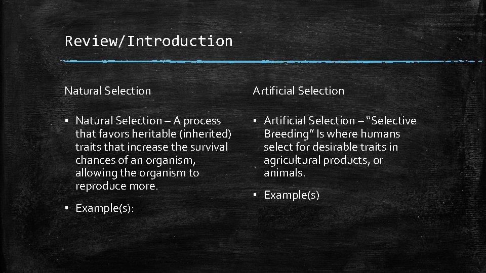 Review/Introduction Natural Selection Artificial Selection ▪ Natural Selection – A process that favors heritable