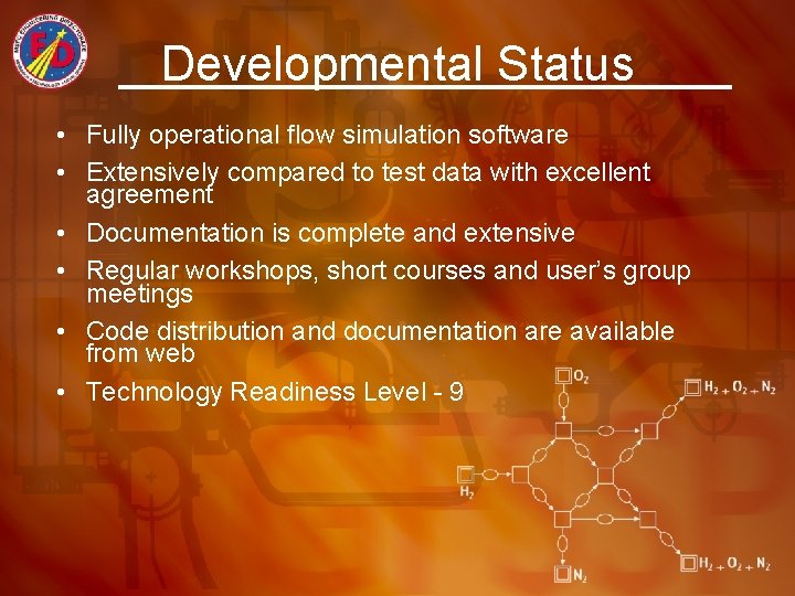 Developmental Status • Fully operational flow simulation software • Extensively compared to test data