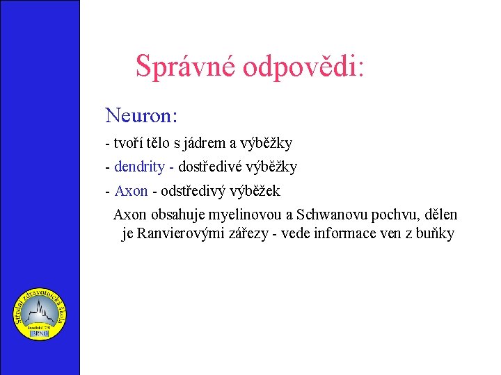 Správné odpovědi: Neuron: - tvoří tělo s jádrem a výběžky - dendrity - dostředivé