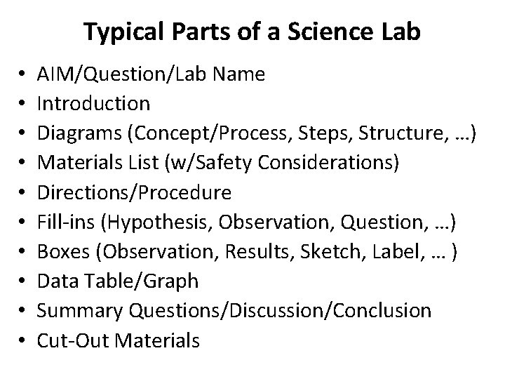 Typical Parts of a Science Lab • • • AIM/Question/Lab Name Introduction Diagrams (Concept/Process,