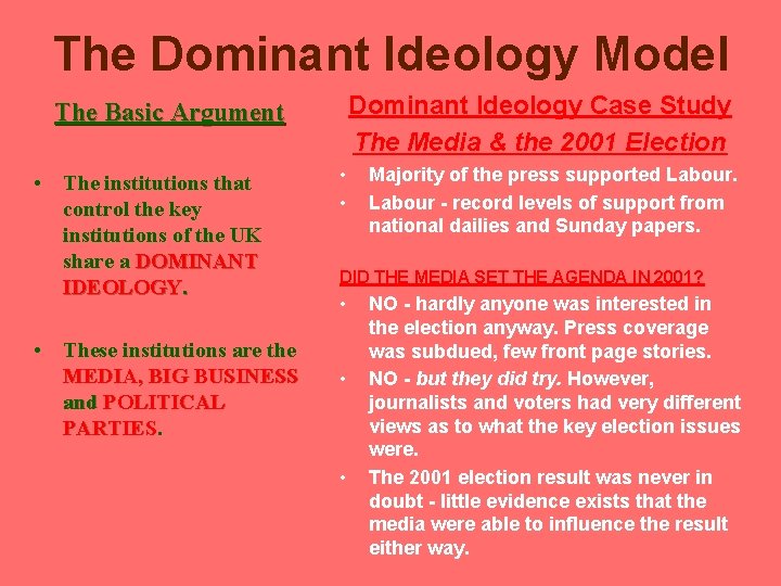 The Dominant Ideology Model Dominant Ideology Case Study The Media & the 2001 Election The Dominant Ideology Model Dominant Ideology Case Study The Media & the 2001 Election