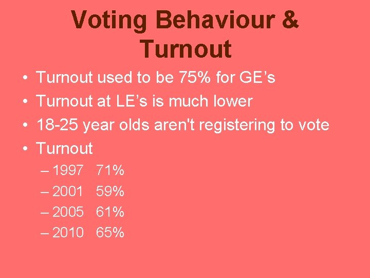 Voting Behaviour & Turnout • • Turnout used to be 75% for GE’s Turnout Voting Behaviour & Turnout • • Turnout used to be 75% for GE’s Turnout