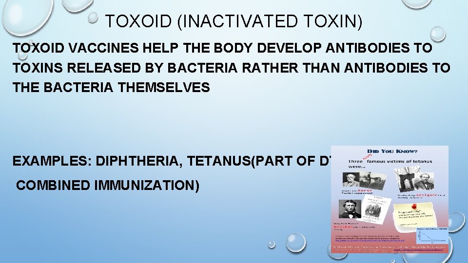 TOXOID (INACTIVATED TOXIN) TOXOID VACCINES HELP THE BODY DEVELOP ANTIBODIES TO TOXINS RELEASED BY